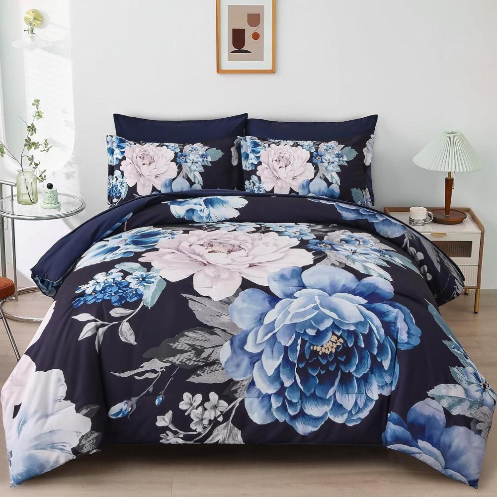 imageDintszyayue Black Comforter Set King Size 7 Pieces Pink Floral Bed in a Bag Complete Bedding Sets Elegant Flower Bed Set Comforter for All Season with Flat Sheet Fitted Sheets Pillowcases ampamp ShamsNavy Blue