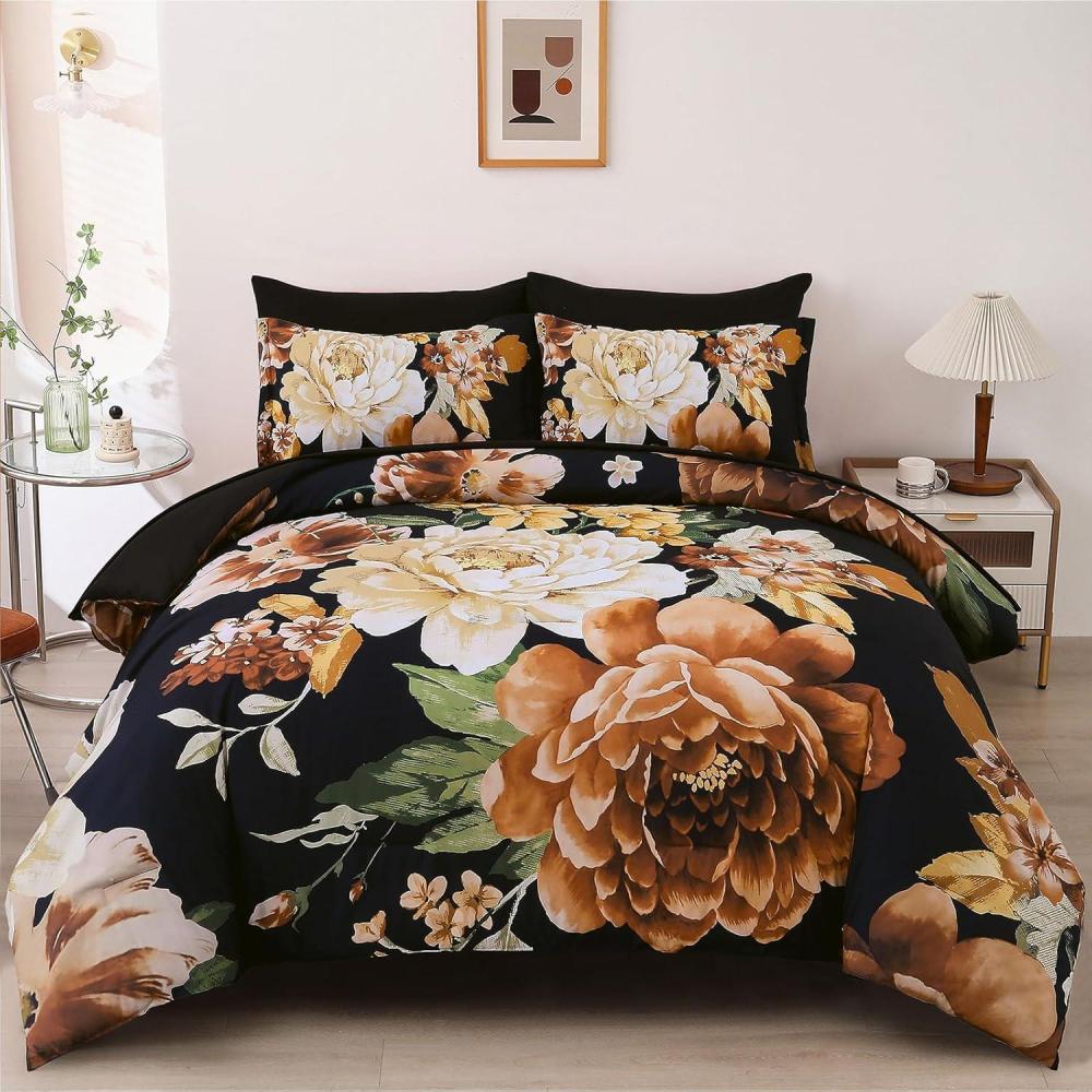 imageDintszyayue Black Comforter Set King Size 7 Pieces Pink Floral Bed in a Bag Complete Bedding Sets Elegant Flower Bed Set Comforter for All Season with Flat Sheet Fitted Sheets Pillowcases ampamp ShamsBlack Boho