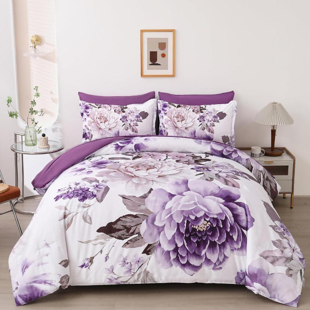 imageDintszyayue Black Comforter Set King Size 7 Pieces Pink Floral Bed in a Bag Complete Bedding Sets Elegant Flower Bed Set Comforter for All Season with Flat Sheet Fitted Sheets Pillowcases ampamp ShamsPurple