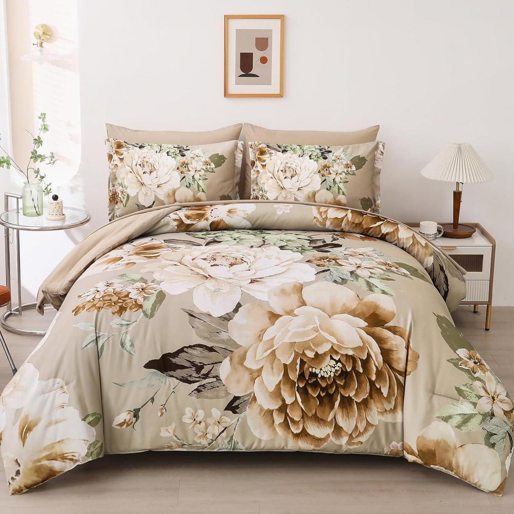 imageDintszyayue Black Comforter Set King Size 7 Pieces Pink Floral Bed in a Bag Complete Bedding Sets Elegant Flower Bed Set Comforter for All Season with Flat Sheet Fitted Sheets Pillowcases ampamp ShamsKhaki