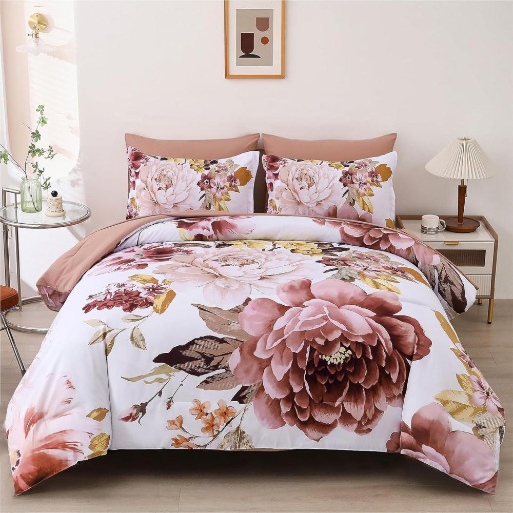 imageDintszyayue Black Comforter Set King Size 7 Pieces Pink Floral Bed in a Bag Complete Bedding Sets Elegant Flower Bed Set Comforter for All Season with Flat Sheet Fitted Sheets Pillowcases ampamp ShamsBlush