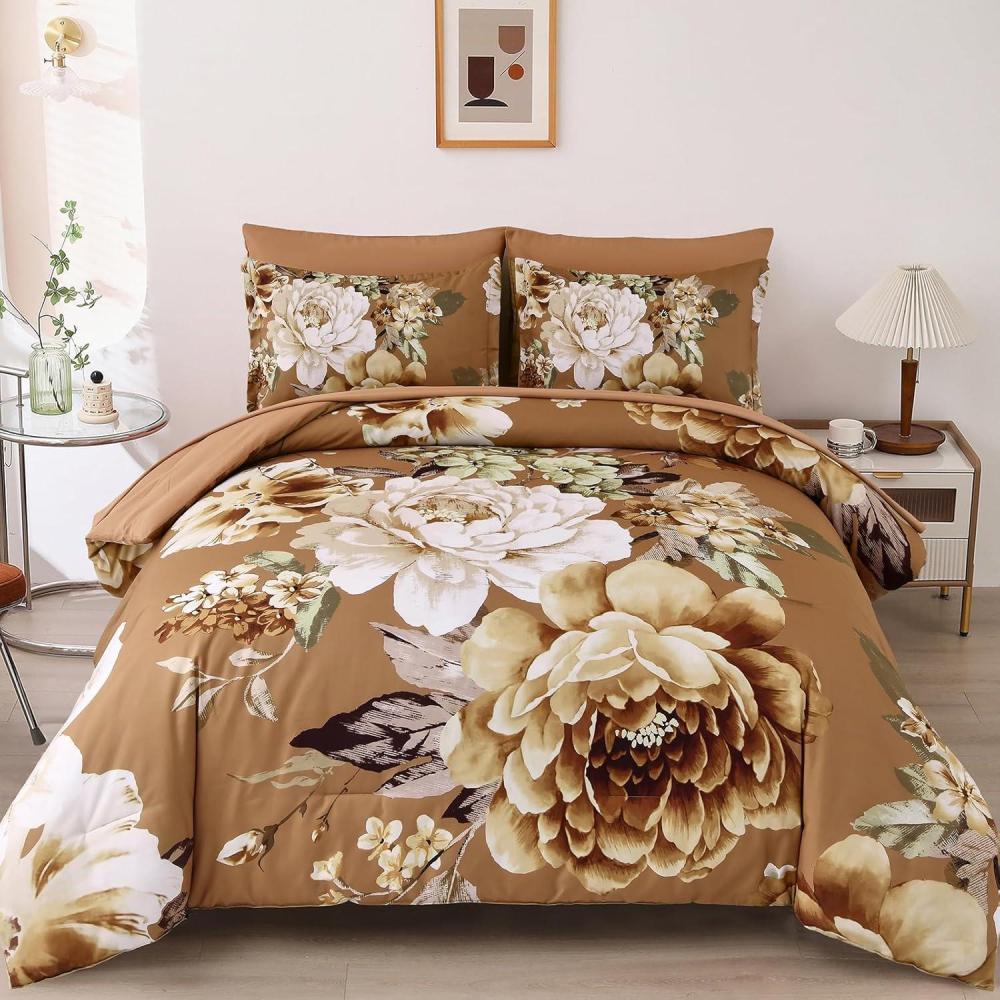 imageDintszyayue Black Comforter Set King Size 7 Pieces Pink Floral Bed in a Bag Complete Bedding Sets Elegant Flower Bed Set Comforter for All Season with Flat Sheet Fitted Sheets Pillowcases ampamp ShamsBrown