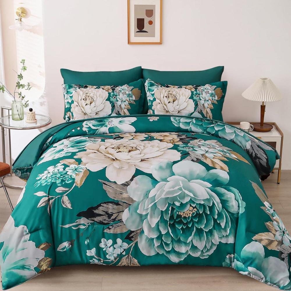 imageDintszyayue Black Comforter Set King Size 7 Pieces Pink Floral Bed in a Bag Complete Bedding Sets Elegant Flower Bed Set Comforter for All Season with Flat Sheet Fitted Sheets Pillowcases ampamp ShamsTeal