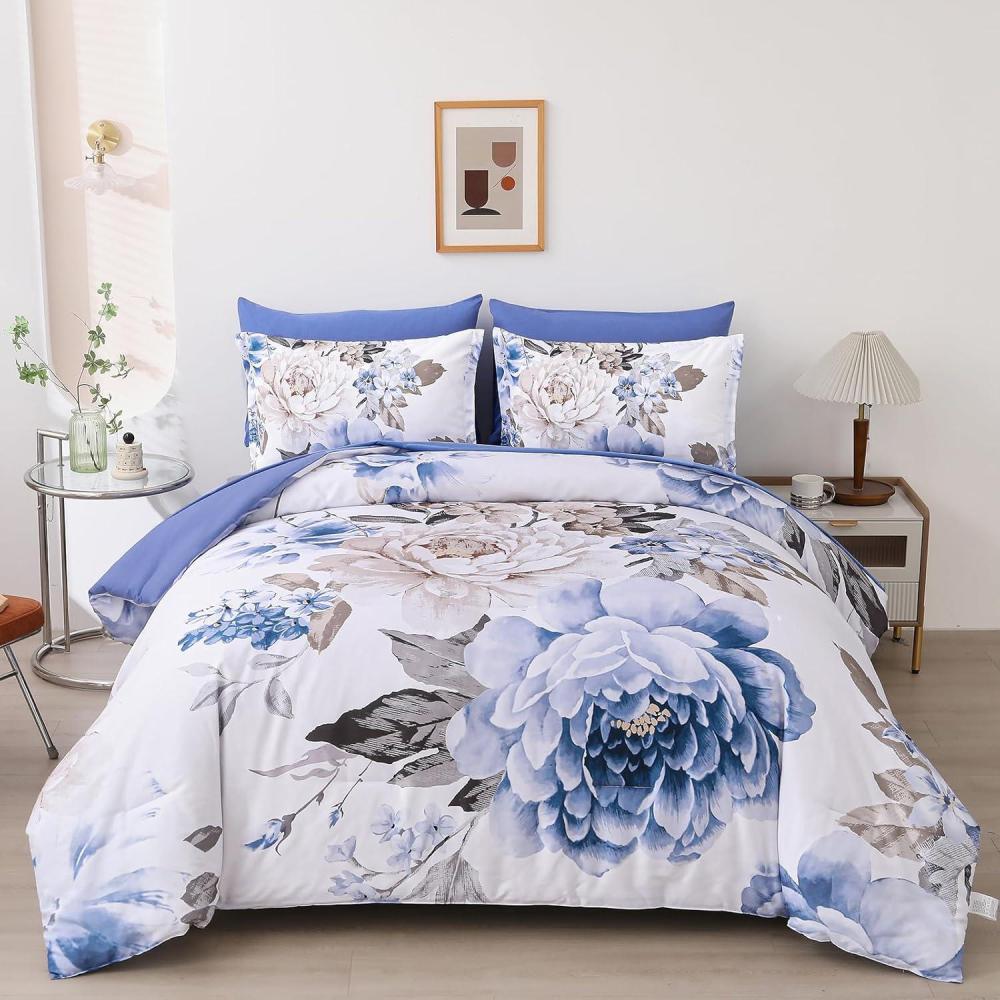 imageDintszyayue Black Comforter Set King Size 7 Pieces Pink Floral Bed in a Bag Complete Bedding Sets Elegant Flower Bed Set Comforter for All Season with Flat Sheet Fitted Sheets Pillowcases ampamp ShamsBlue