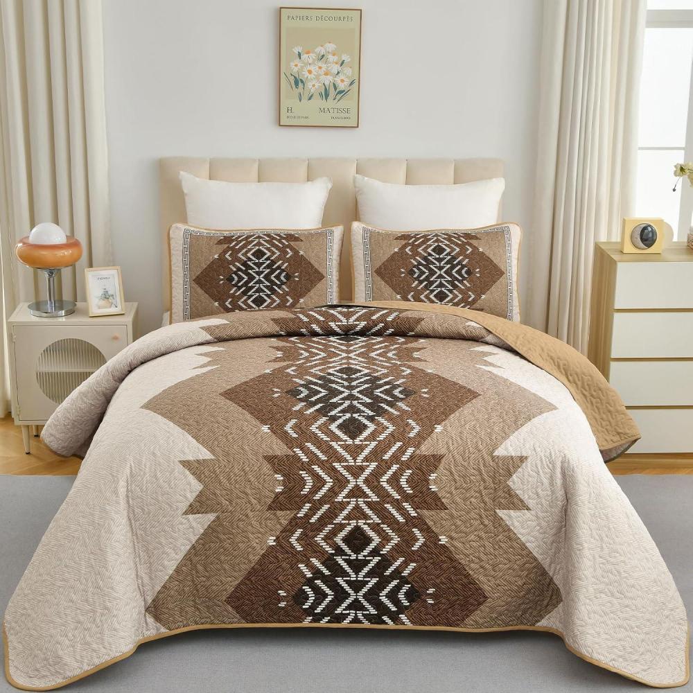 imageDintszyayue Boho Quilt Set King Size 3 Pieces Aztec Texture Bedspread Coverlet Set Bohemian Quilt Bedding Set Microfiber Lightweight Bed Cover for All Seasons Terracotta 90quot103quotBrown