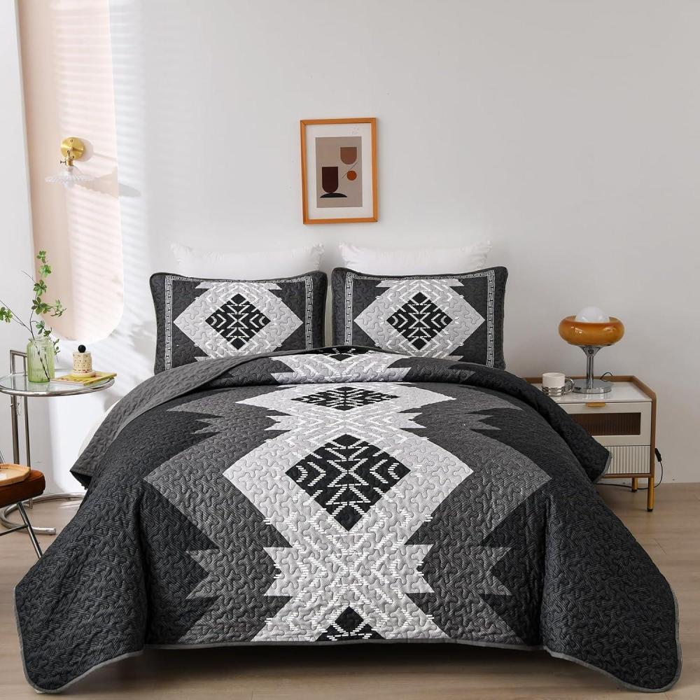 imageDintszyayue Boho Quilt Set King Size 3 Pieces Aztec Texture Bedspread Coverlet Set Bohemian Quilt Bedding Set Microfiber Lightweight Bed Cover for All Seasons Terracotta 90quot103quotBlack Grey