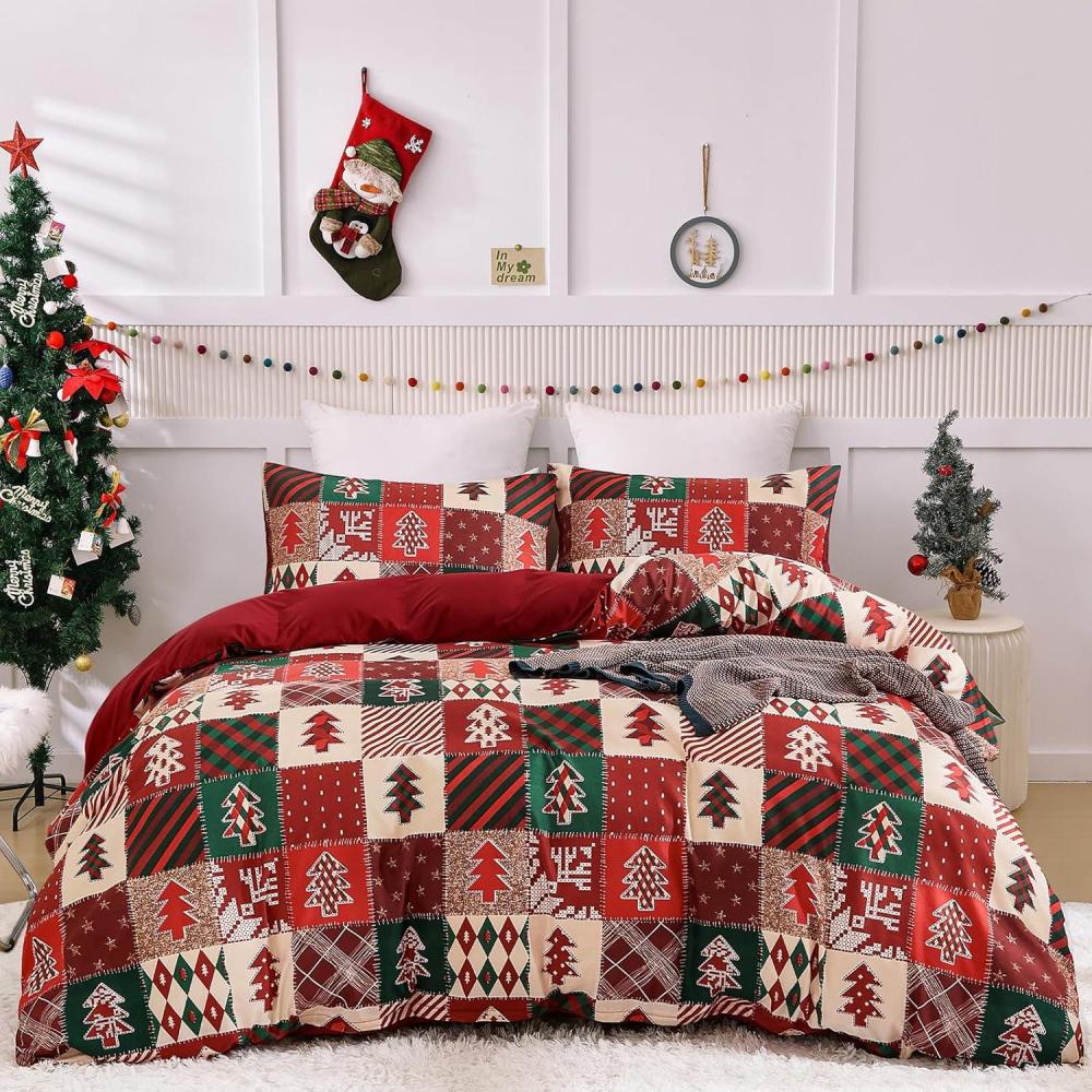 imageDintszyayue Green Christmas Duvet Cover Queen Size 3 Pieces Nutcracker Christmas Trees Reversible Comforter Cover with Zipper Closure New Year Holiday Bedding Set Decorative Not ComforterRed