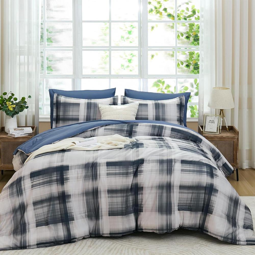 imageDintszyayue King Plaid Comforter Set 7 Pieces Bed in a Bag Blue Bedding Set Soft Lightweight Bed Comforter Set Cozy Microfiber Bed Set for All Season with SheetsPillowcases ampamp ShamsBlue