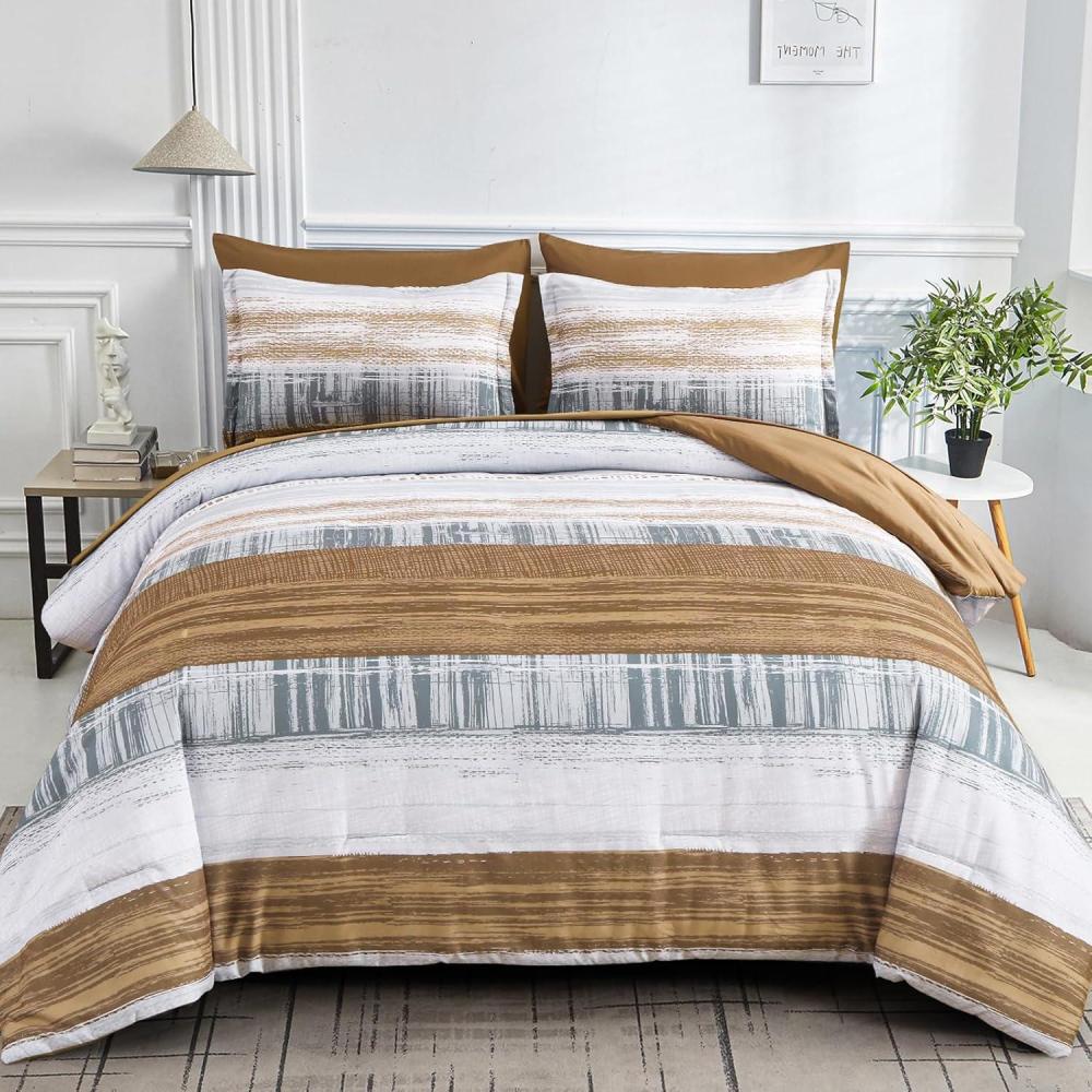 imageDintszyayue King Size Stripe Gradient Brown Patchwork Comforter Set 7 Piece Bed in a Bag Boho Bedding Set with SheetsPillowcases ampamp Shams Reversible Soft Microfiber Comforter