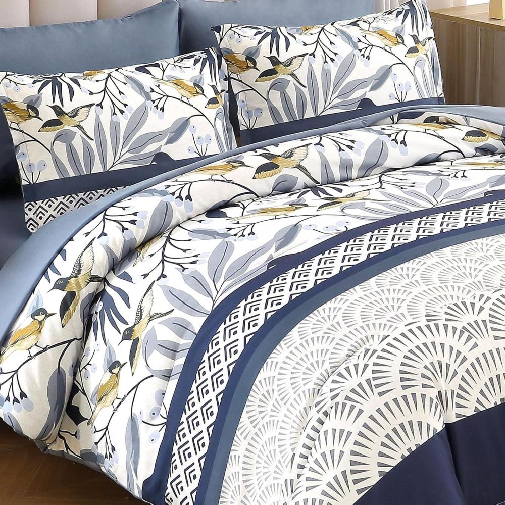 imageDintszyayue Queen Comforter Set 7 Pieces Blue Boho Comforter for Queen Bed Leaves Botanical Bed in a Bag Soft Microfiber Bird Bedding Set with Pillowcases Flat Sheet Fitted Sheet Pillow ShamsBlue