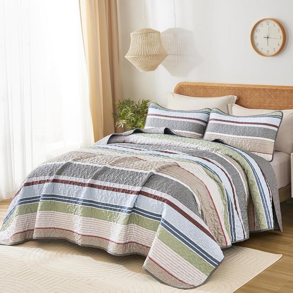 imageDintszyayue Quilt Queen Size Khaki Grey 3 Pieces Boho Striped Bedspread Bedding for Queen Size Bed Soft Lightweight Microfiber Bohemian Coverlet Set for All Season Quilts with 2 PillowcasesSage Grey