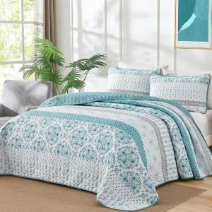 imageDintszyayue Aqua Quilt Set King Size Boho Striped Patchwork Bedspread Coverlet Set for All Seasons Bohemian Floral 3 Pieces Lightweight Bedding Set 104quotX90quot 1 Quilt 2 Pillow ShamsAqua
