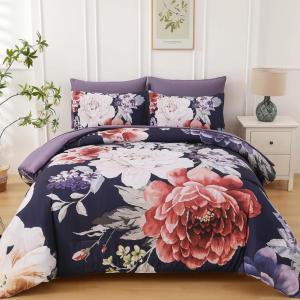 imageDintszyayue Black Comforter Set King Size 7 Pieces Pink Floral Bed in a Bag Complete Bedding Sets Elegant Flower Bed Set Comforter for All Season with Flat Sheet Fitted Sheets Pillowcases ampamp ShamsDark Purple