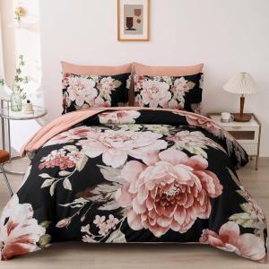 imageDintszyayue Black Comforter Set King Size 7 Pieces Pink Floral Bed in a Bag Complete Bedding Sets Elegant Flower Bed Set Comforter for All Season with Flat Sheet Fitted Sheets Pillowcases ampamp ShamsBlack