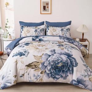 imageDintszyayue Black Comforter Set King Size 7 Pieces Pink Floral Bed in a Bag Complete Bedding Sets Elegant Flower Bed Set Comforter for All Season with Flat Sheet Fitted Sheets Pillowcases ampamp ShamsDark Blue