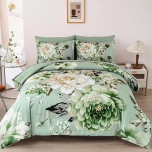 imageDintszyayue Black Comforter Set King Size 7 Pieces Pink Floral Bed in a Bag Complete Bedding Sets Elegant Flower Bed Set Comforter for All Season with Flat Sheet Fitted Sheets Pillowcases ampamp ShamsGreen