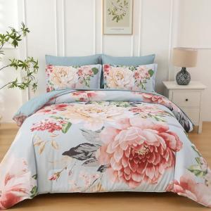 imageDintszyayue Black Comforter Set King Size 7 Pieces Pink Floral Bed in a Bag Complete Bedding Sets Elegant Flower Bed Set Comforter for All Season with Flat Sheet Fitted Sheets Pillowcases ampamp ShamsGreen Pink
