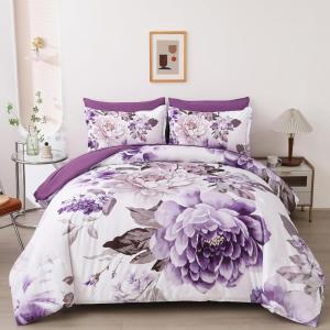 imageDintszyayue Black Comforter Set King Size 7 Pieces Pink Floral Bed in a Bag Complete Bedding Sets Elegant Flower Bed Set Comforter for All Season with Flat Sheet Fitted Sheets Pillowcases ampamp ShamsPurple