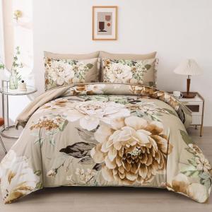 imageDintszyayue Black Comforter Set King Size 7 Pieces Pink Floral Bed in a Bag Complete Bedding Sets Elegant Flower Bed Set Comforter for All Season with Flat Sheet Fitted Sheets Pillowcases ampamp ShamsKhaki