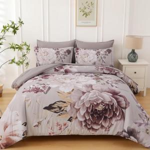 imageDintszyayue Black Comforter Set King Size 7 Pieces Pink Floral Bed in a Bag Complete Bedding Sets Elegant Flower Bed Set Comforter for All Season with Flat Sheet Fitted Sheets Pillowcases ampamp ShamsTaupe