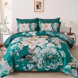imageDintszyayue Black Comforter Set King Size 7 Pieces Pink Floral Bed in a Bag Complete Bedding Sets Elegant Flower Bed Set Comforter for All Season with Flat Sheet Fitted Sheets Pillowcases ampamp ShamsTeal