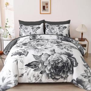 imageDintszyayue Black Comforter Set King Size 7 Pieces Pink Floral Bed in a Bag Complete Bedding Sets Elegant Flower Bed Set Comforter for All Season with Flat Sheet Fitted Sheets Pillowcases ampamp ShamsGrey White
