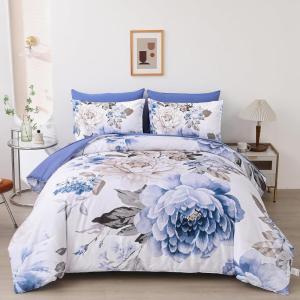 imageDintszyayue Black Comforter Set King Size 7 Pieces Pink Floral Bed in a Bag Complete Bedding Sets Elegant Flower Bed Set Comforter for All Season with Flat Sheet Fitted Sheets Pillowcases ampamp ShamsBlue