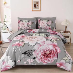imageDintszyayue Black Comforter Set King Size 7 Pieces Pink Floral Bed in a Bag Complete Bedding Sets Elegant Flower Bed Set Comforter for All Season with Flat Sheet Fitted Sheets Pillowcases ampamp ShamsGrey