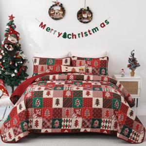 imageDintszyayue King Christmas Quilt 3 Pieces Patchwork Plaid King Size Bedspread Red Green Christmas Tree Printed Soft Microfiber Winter Holiday Coverlet Bedding SetsMerry Christmas
