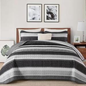 imageDintszyayue Quilt Queen Size Khaki Grey 3 Pieces Boho Striped Bedspread Bedding for Queen Size Bed Soft Lightweight Microfiber Bohemian Coverlet Set for All Season Quilts with 2 PillowcasesBlack White