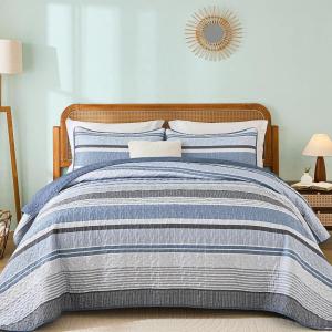 imageDintszyayue Quilt Queen Size Khaki Grey 3 Pieces Boho Striped Bedspread Bedding for Queen Size Bed Soft Lightweight Microfiber Bohemian Coverlet Set for All Season Quilts with 2 PillowcasesBlue