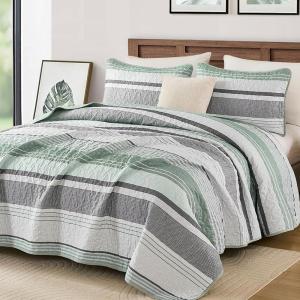 imageDintszyayue Quilt Queen Size Khaki Grey 3 Pieces Boho Striped Bedspread Bedding for Queen Size Bed Soft Lightweight Microfiber Bohemian Coverlet Set for All Season Quilts with 2 PillowcasesSage Green