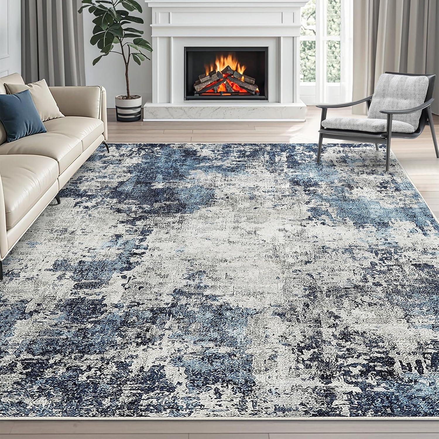 image4x6 Area Rugs Washable Modern Soft Non Slip Distressed Under Dining Table Living Room Area Rug BlackBlue