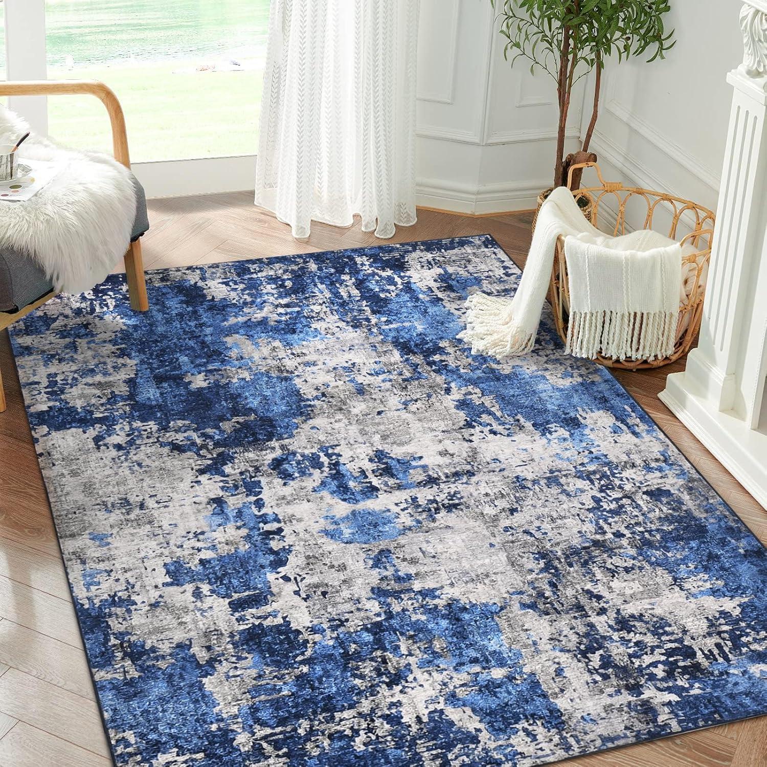 image4x6 Area Rugs Washable Modern Soft Non Slip Distressed Under Dining Table Living Room Area Rug BlackDenim Blue