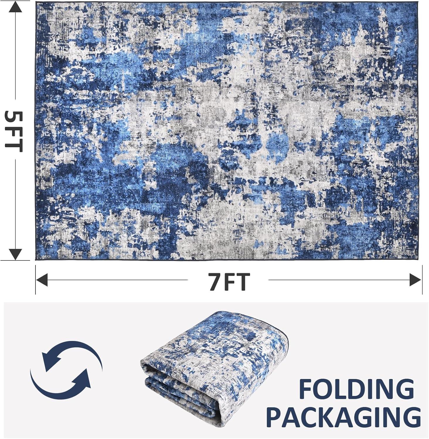 image4x6 Area Rugs Washable Modern Soft Non Slip Distressed Under Dining Table Living Room Area Rug BlackDenim Blue