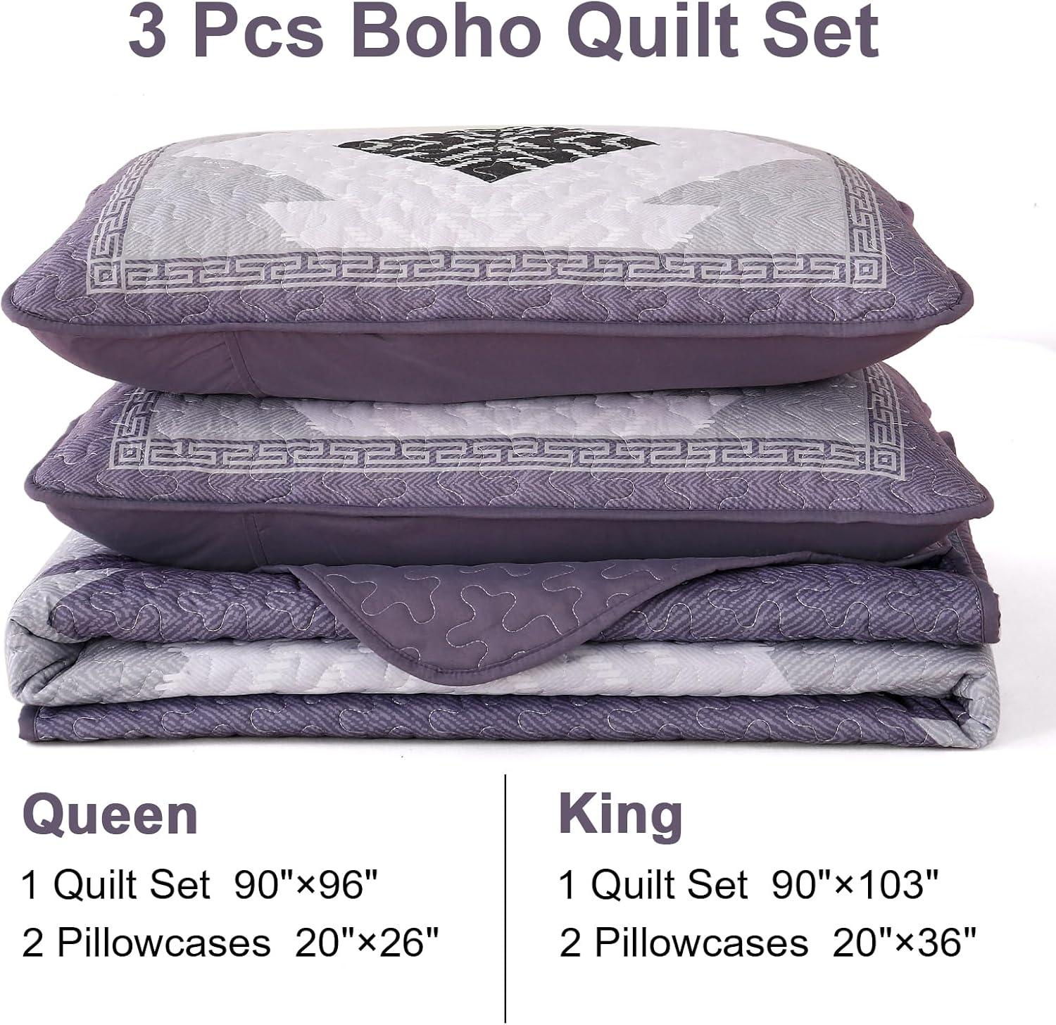 imageDintszyayue Boho Quilt Set King Size 3 Pieces Purple Aztec Texture Bedspread Coverlet Set with 2 Pillowcases Soft Lightweight Microfiber Bohemian Quilt Bedding Set for All Season 90quotx103quot