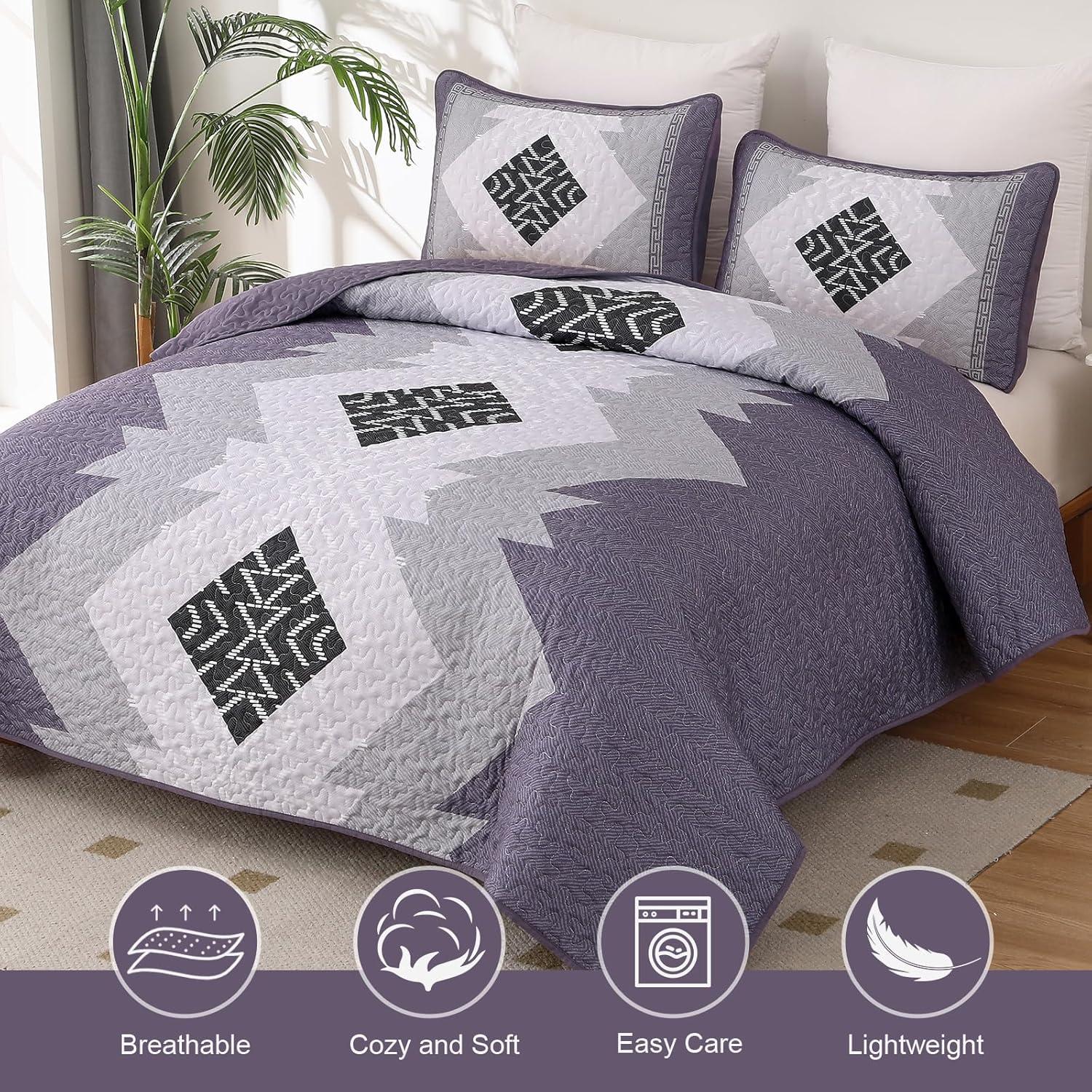 imageDintszyayue Boho Quilt Set King Size 3 Pieces Purple Aztec Texture Bedspread Coverlet Set with 2 Pillowcases Soft Lightweight Microfiber Bohemian Quilt Bedding Set for All Season 90quotx103quot