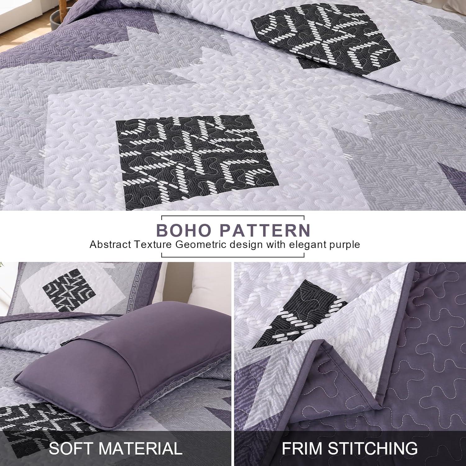 imageDintszyayue Boho Quilt Set King Size 3 Pieces Purple Aztec Texture Bedspread Coverlet Set with 2 Pillowcases Soft Lightweight Microfiber Bohemian Quilt Bedding Set for All Season 90quotx103quot