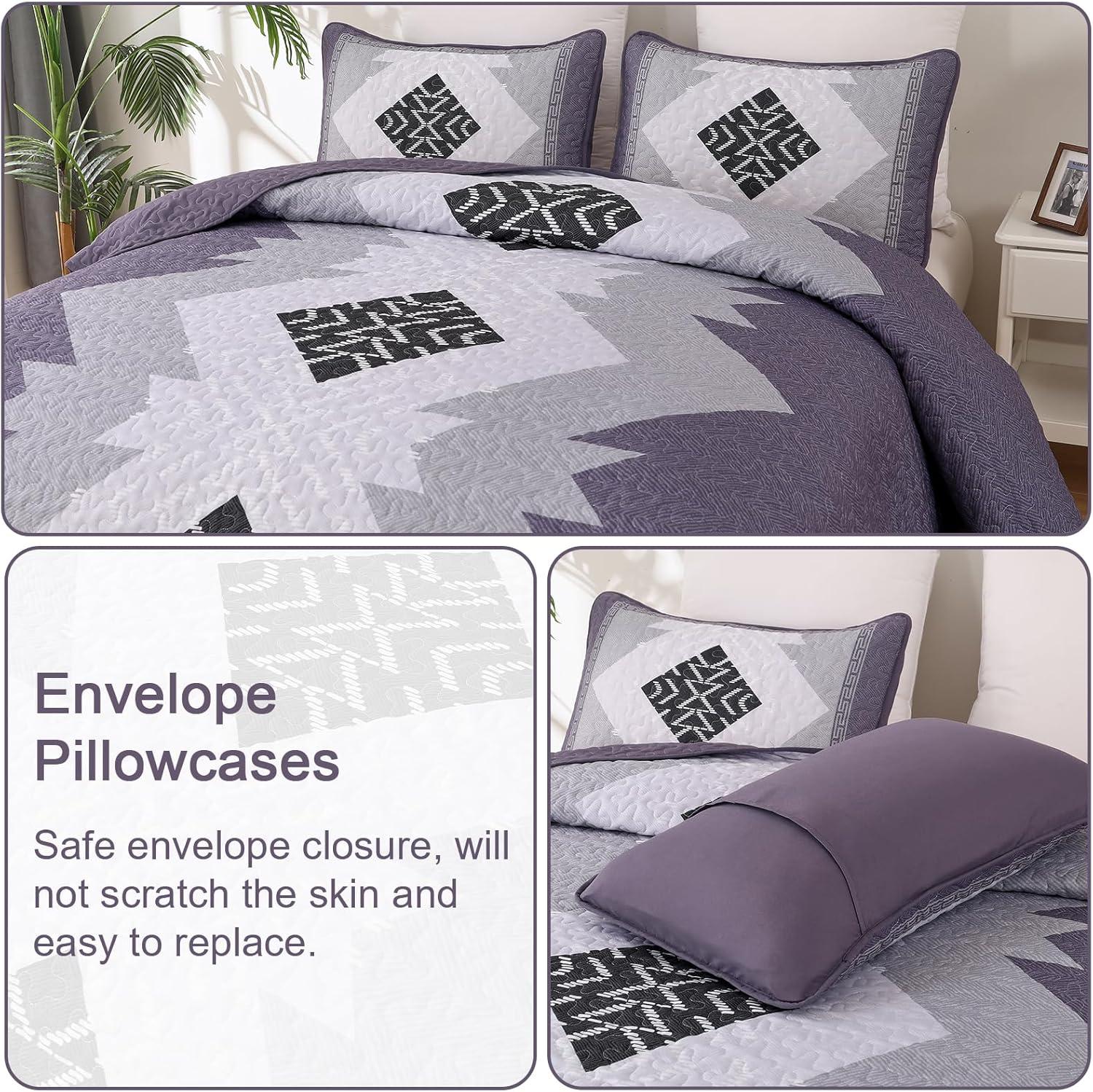 imageDintszyayue Boho Quilt Set King Size 3 Pieces Purple Aztec Texture Bedspread Coverlet Set with 2 Pillowcases Soft Lightweight Microfiber Bohemian Quilt Bedding Set for All Season 90quotx103quot