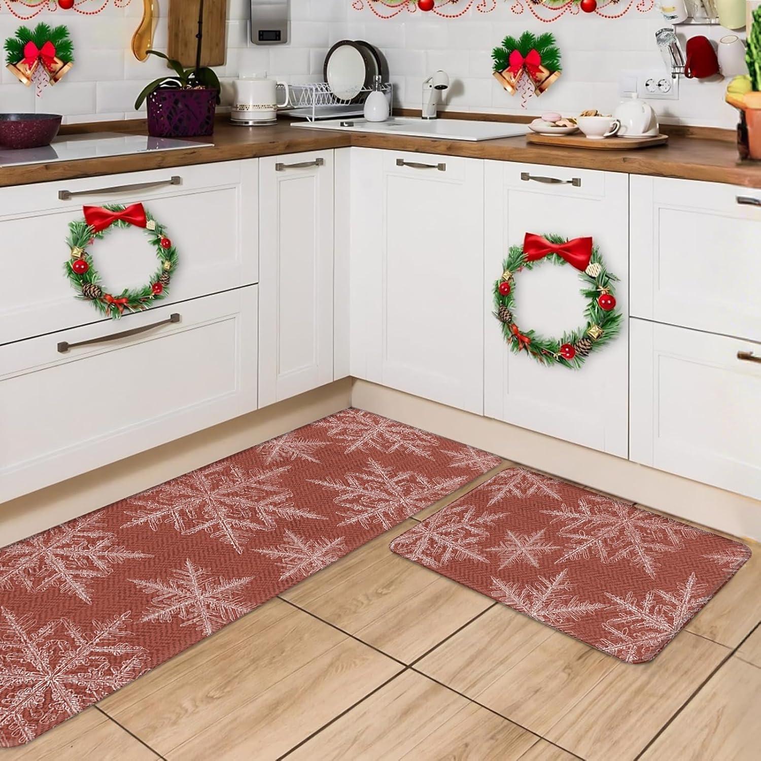 imageDintszyayue Christmas Kitchen Rugs Set of 2 Non Slip Soft Santa Claus Snowman Christmas Mats for Kitchen Floor Decorations 17quotx30quot17quotx48quot01red