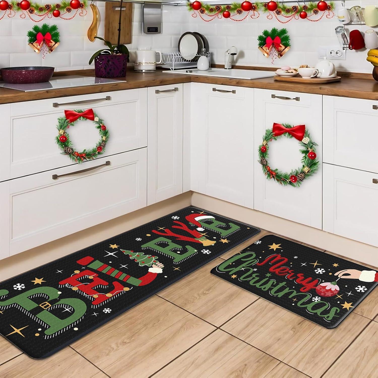imageDintszyayue Christmas Kitchen Rugs Set of 2 Non Slip Soft Santa Claus Snowman Christmas Mats for Kitchen Floor Decorations 17quotx30quot17quotx48quot03black