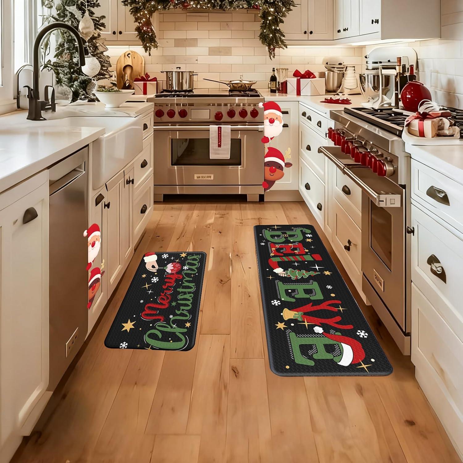 imageDintszyayue Christmas Kitchen Rugs Set of 2 Non Slip Soft Santa Claus Snowman Christmas Mats for Kitchen Floor Decorations 17quotx30quot17quotx48quot03black