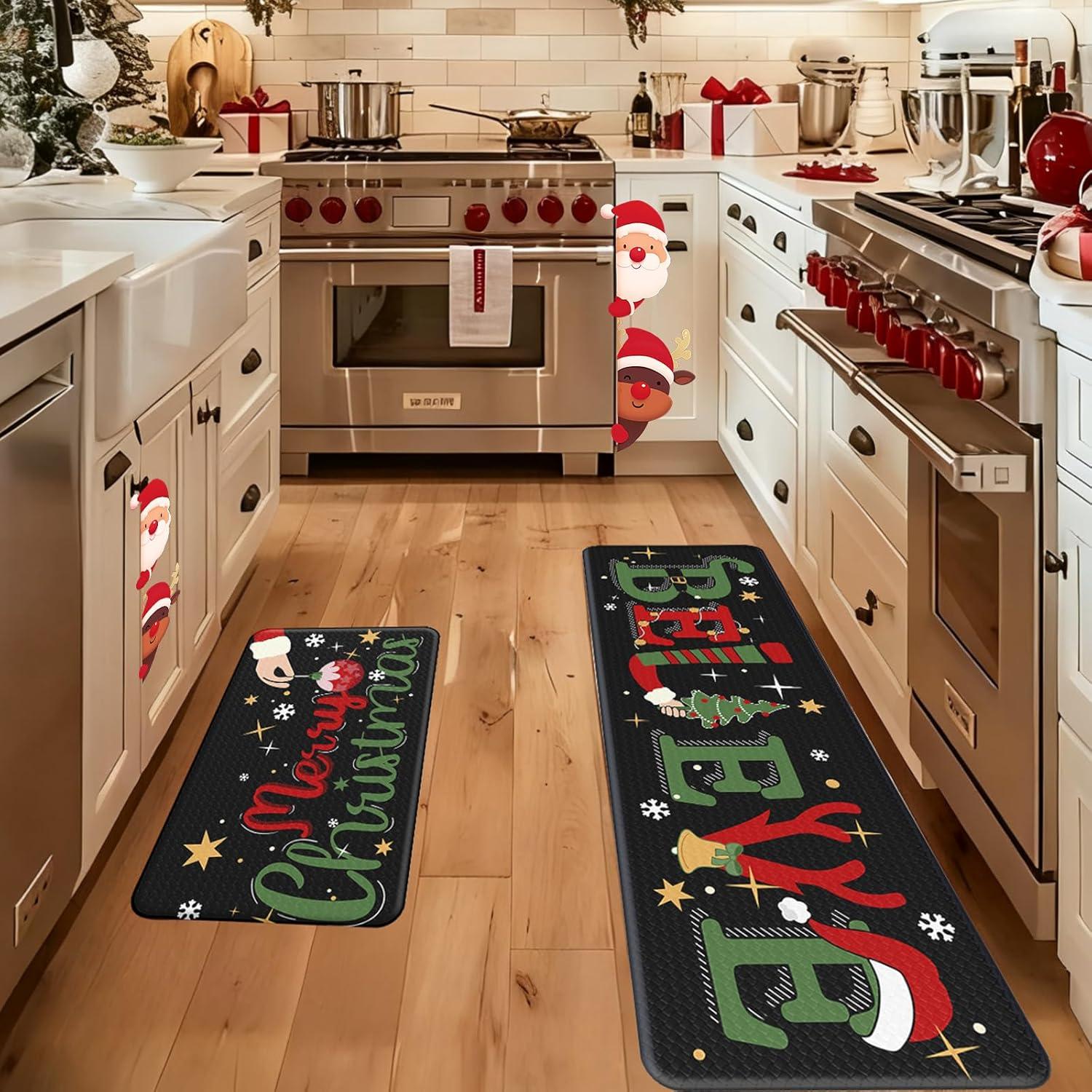 imageDintszyayue Christmas Kitchen Rugs Set of 2 Non Slip Soft Santa Claus Snowman Christmas Mats for Kitchen Floor Decorations 17quotx30quot17quotx48quot03black