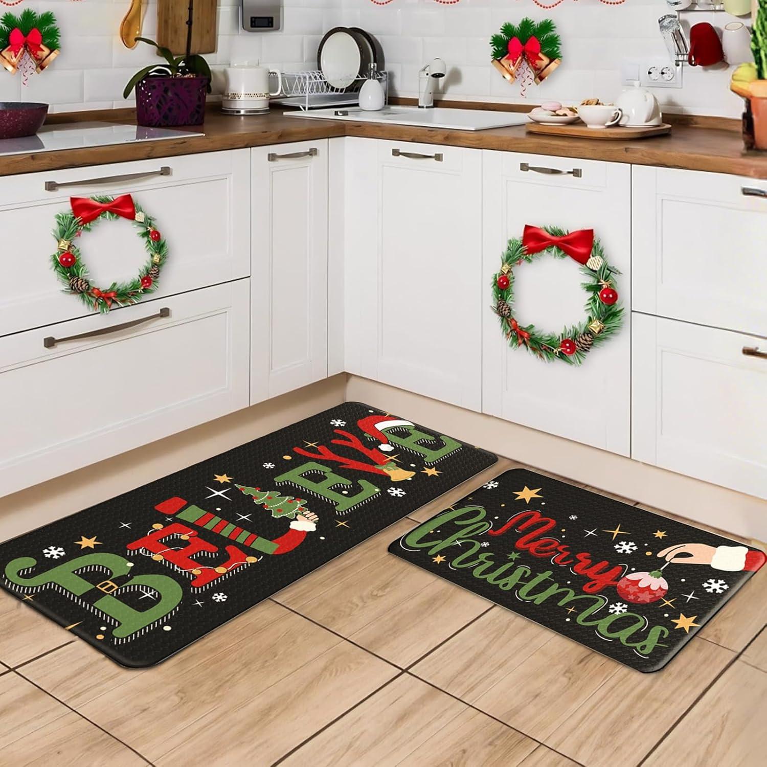 imageDintszyayue Christmas Kitchen Rugs Set of 2 Non Slip Soft Santa Claus Snowman Christmas Mats for Kitchen Floor Decorations 17quotx30quot17quotx48quot03black
