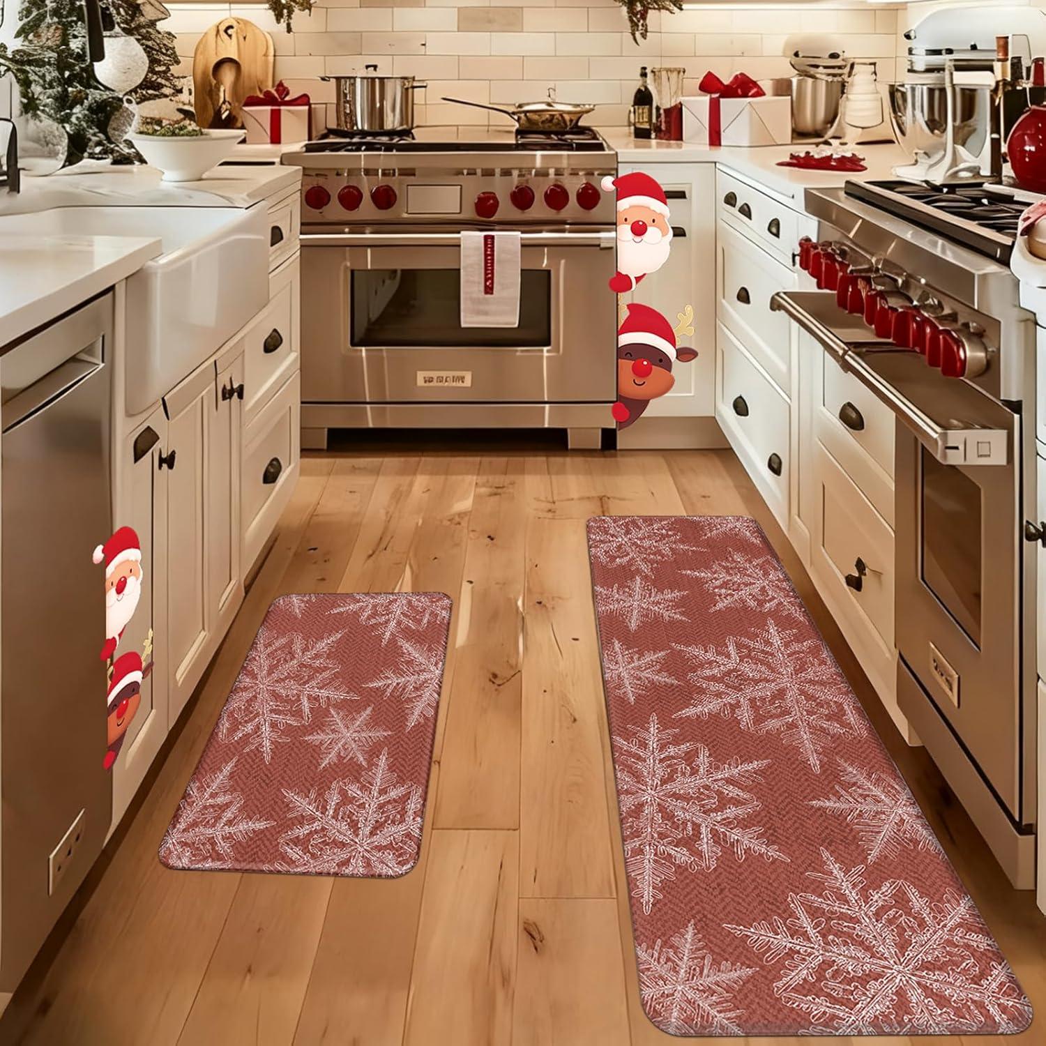 imageDintszyayue Christmas Kitchen Rugs Set of 2 Non Slip Soft Santa Claus Snowman Christmas Mats for Kitchen Floor Decorations 17quotx30quot17quotx48quot01red