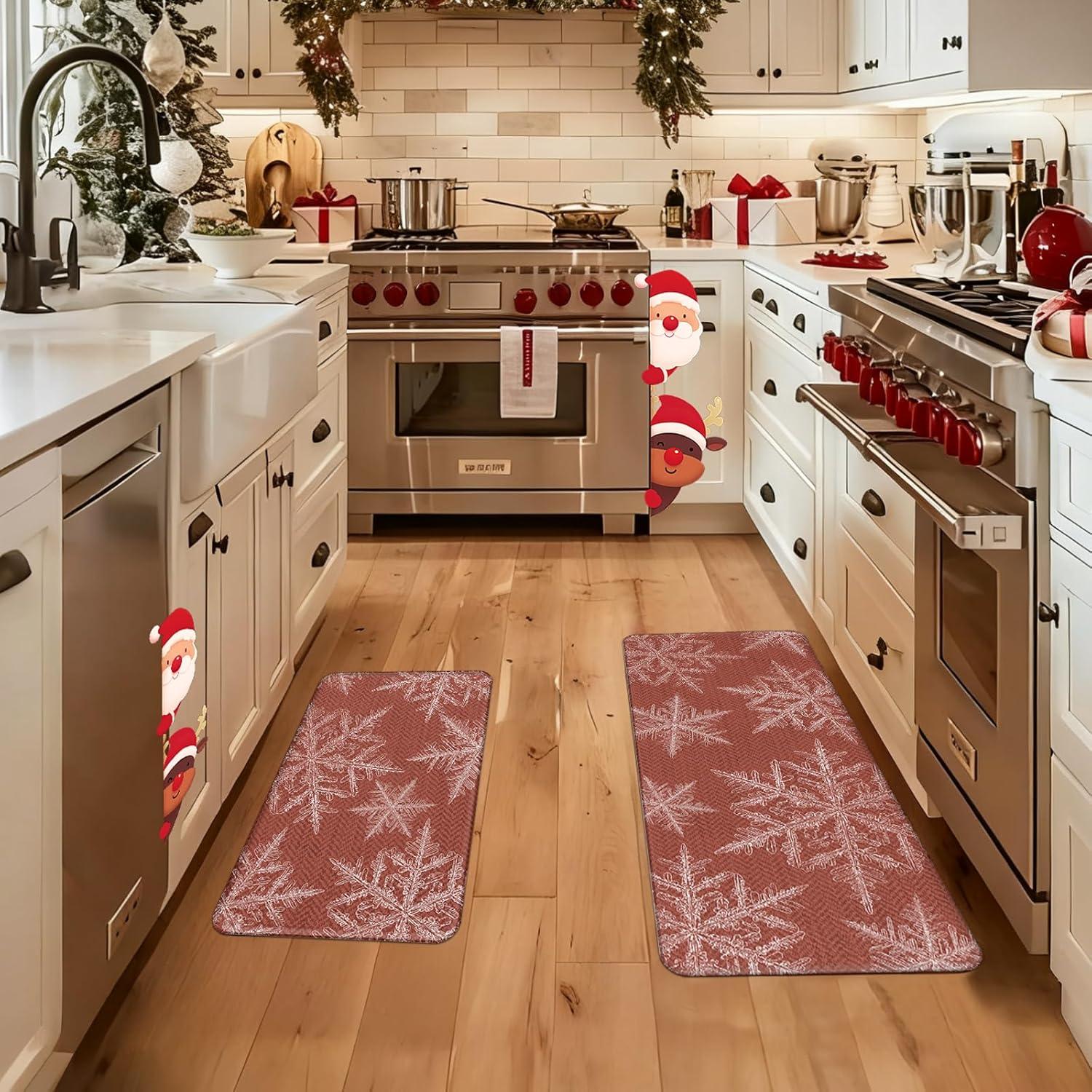 imageDintszyayue Christmas Kitchen Rugs Set of 2 Non Slip Soft Santa Claus Snowman Christmas Mats for Kitchen Floor Decorations 17quotx30quot17quotx48quot01red