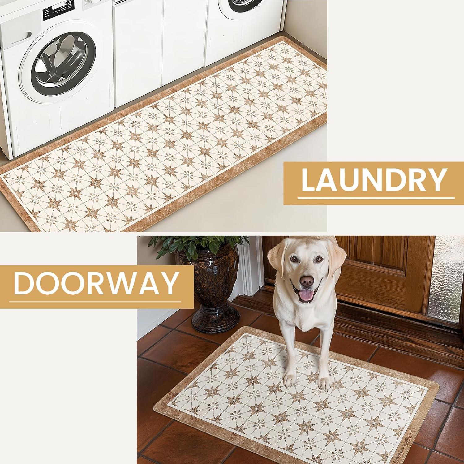 imageDintszyayue Kitchen Rugs Sets of 2 Boho Ceramic Anti Fatigue Non Slip Memory Foam Mats for Floor for Laundry Desk Bar Khaki 17quotX30quot17quotX59quot02khaki