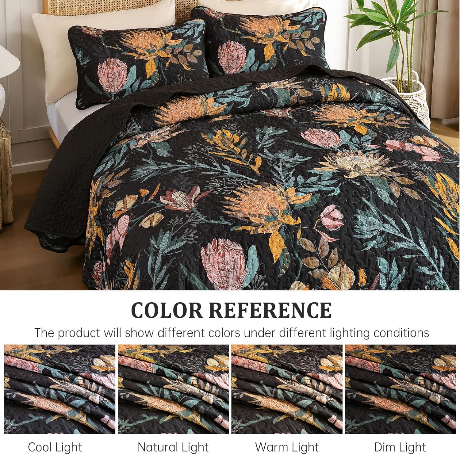 imageDintszyayue Quilt Queen Size Navy 3 Pieces Boho Floral Bedspread Bedding for Queen Size Bed Soft Lightweight Microfiber Coverlet Set for All Season Quilt with 2 PillowcasesBlack