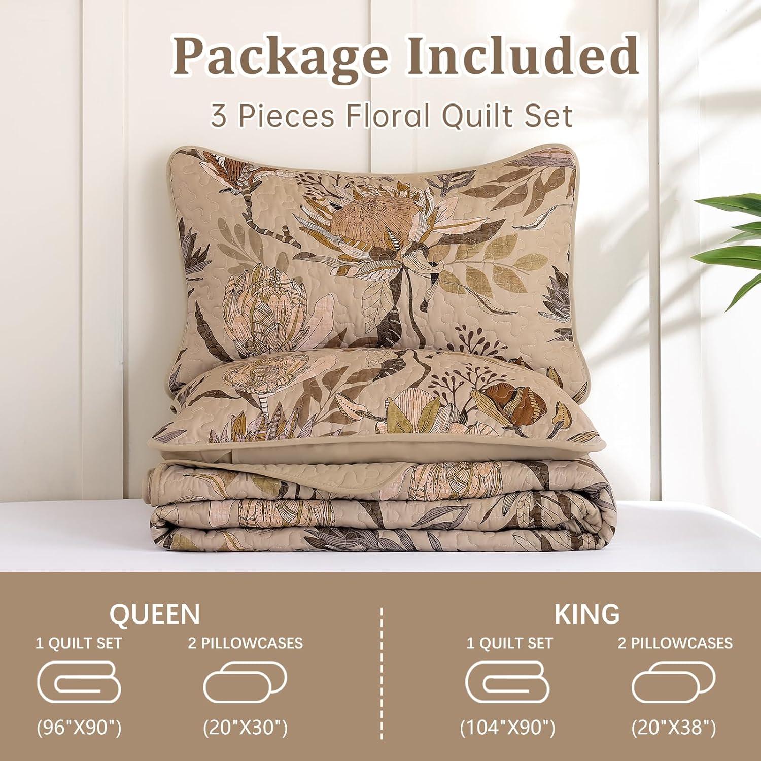 imageDintszyayue Quilt Queen Size Navy 3 Pieces Boho Floral Bedspread Bedding for Queen Size Bed Soft Lightweight Microfiber Coverlet Set for All Season Quilt with 2 PillowcasesBrown