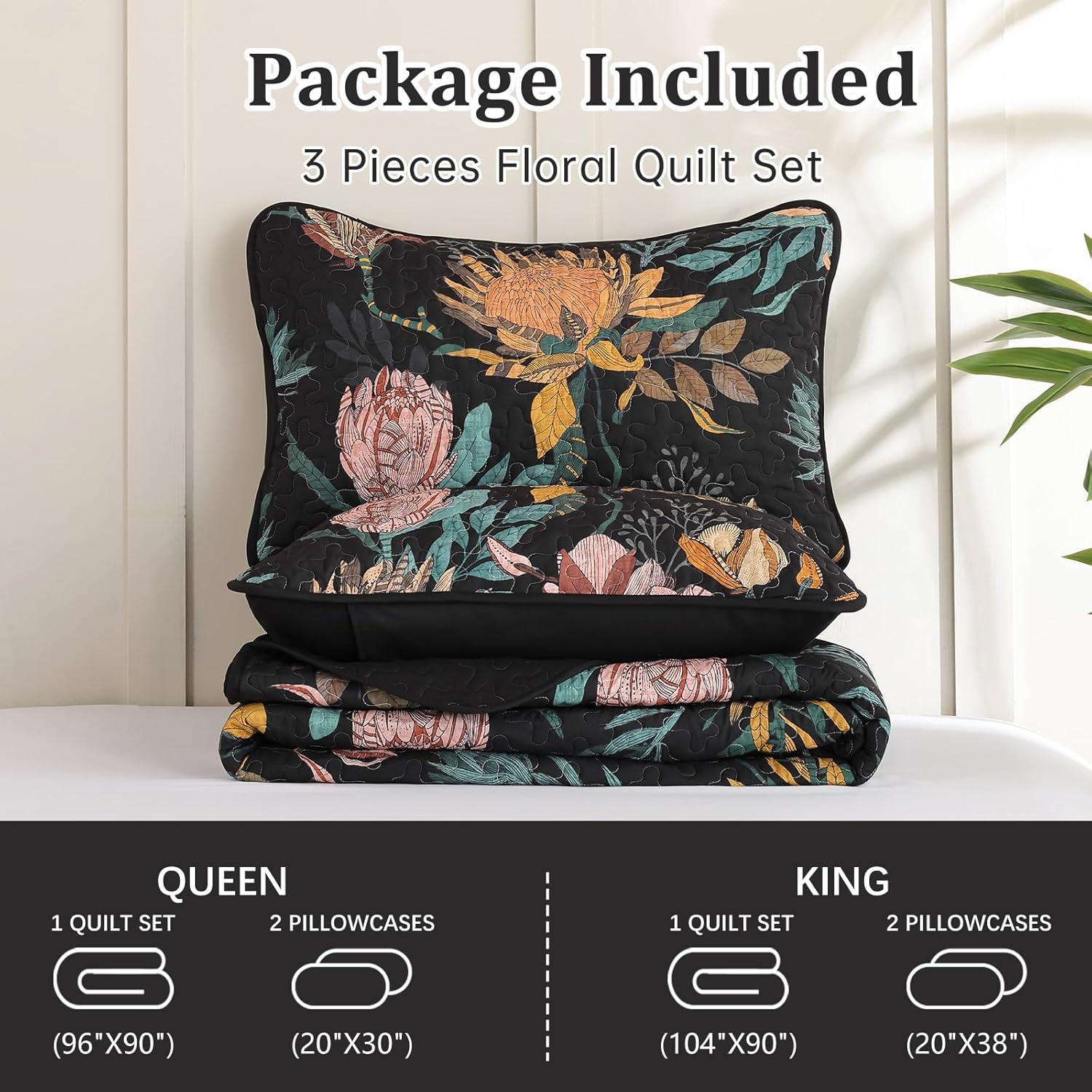 imageDintszyayue Quilt Queen Size Navy 3 Pieces Boho Floral Bedspread Bedding for Queen Size Bed Soft Lightweight Microfiber Coverlet Set for All Season Quilt with 2 PillowcasesBlack